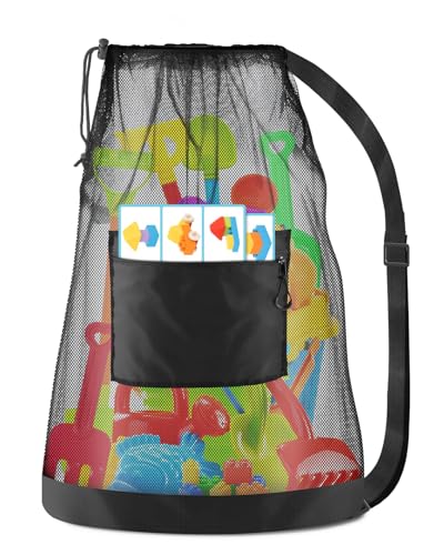 1PC Large Mesh Beach Bag Drawstring Toys Bag | 24" x 36" Swim Pool Toys Balls Storage Bags Gym backpack, Beach Toy Shells Organizer - color: Black-1pc