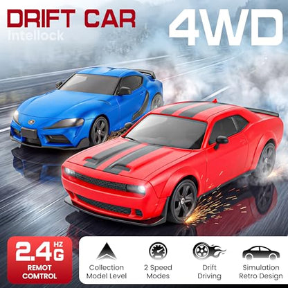IntelLock 1:24 RTR RC Drift Car with Scratch-Free Drift Tires, 4WD High-Speed Muscle, 2 Rechargeable Batteries, LED Lights, 2.4GHz Remote Control Car for Kids & Adults, Indoor/Outdoor (Red 2)