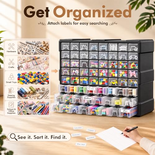 64-Drawer Organizer for Garage Building Bricks Storage,𝐓𝐡𝐢𝐜𝐤𝐞𝐫 Drawer Storage Cabinet with Dividers and Labels for Hardware,Screws,Nuts Bolts, Garage Tools,Charms,Beads,Craft,Scrapbook - size: 64 Drawer