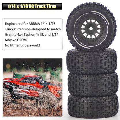 Pre-Glued 1/16 & 1/18 RC Truck Tires & Wheels - 12mm Hex 2.56" OD, Black | All-Terrain Tires for Traxxas Slash, ARRMA Mojave GROM, Tamiya, Kyosho, HPI - Durable Nylon Wheels for On/Off Road Bashing - color: Black