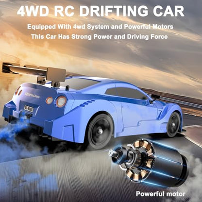 Remote Control Car RC Drift Car 1:16 Scale 4WD 18KM/H High Speed Model Vehicle 2.4GHz with LED Lights Spray Rubber Tire Racing Sport Toy for Adults Boys Girls Kids Gift 2Pcs Rechargeable Batteries - color: C-blue
