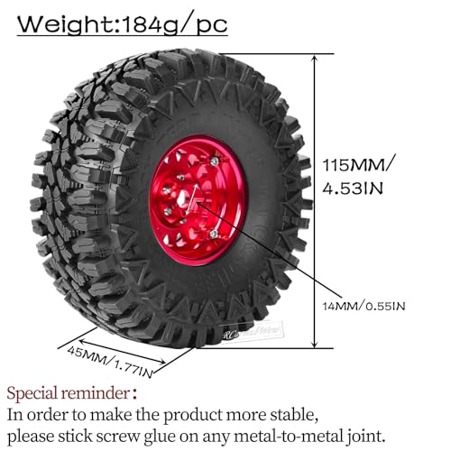 RC 1.9in Beadlock Wheels and Tires for 1/10 TRX4,Axia1 SCX10 II 90046 SCX10 III,D90 RC Crawler Car,Alloy 1.9in rc Beadlock Rims,Soft Rubber 1.9in rc Beadlock Tires,4pcs,Red - color: Red(4pcs)