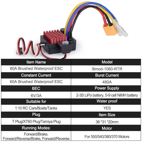 2-3s 60A Brushed ESC Waterproof Electronic Speed Controller with Switch Mode BEC for 1/10 Scale RC Crawler Car Trucks Upgrade (XT60 Plug) - style: XT60 Plug