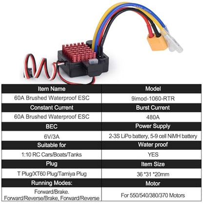 2-3s 60A Brushed ESC Waterproof Electronic Speed Controller with Switch Mode BEC for 1/10 Scale RC Crawler Car Trucks Upgrade (XT60 Plug) - style: XT60 Plug