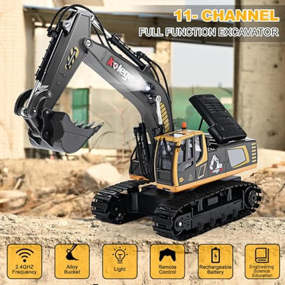 kolegend 1:18 Scale RC Excavator Toy with Metal Shovel, 11 Channels Remote Control Construction Truck, Real Digging on Dirt & Sand 2 Rechargeable Batteries Gift for Boys Girls Kids 6-12 Years Old - color: Black