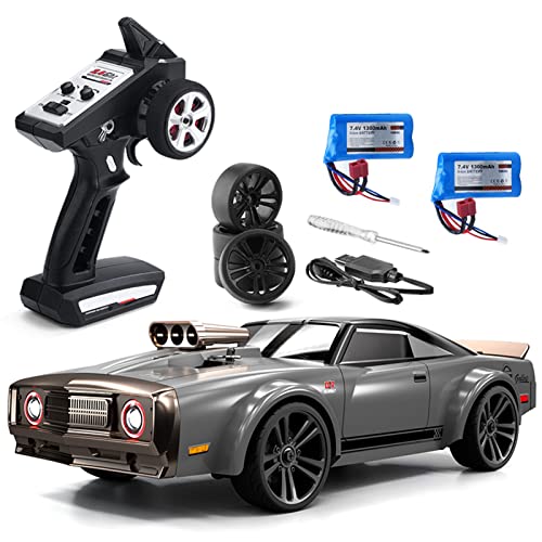 GoolRC RC Drift Car, 1:16 Scale Remote Control Car, 4WD 35KM/H High Speed Racing Cars, 2.4GHz RC Drifting Cars for Adults with Cool LED Lights, Extra Drift Tires and 2 Batteries (Grey) - color: Grey, size: 2 Batteries