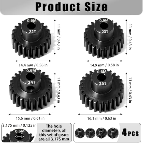 4Pcs 0.6M Hardened Steel Pinion Gear Set 3.175mm 22T 23T 24T 25T Motor Pinion Gear with M4 Screw and Hex Key, Fit 3.175mm (1/8-Inch) Shaft, for Arrma HPI Kyosho Losi Axial Traxxas Tamiya 1/10 RC Car - size: 0.6M-P-3.175mm-22-25T