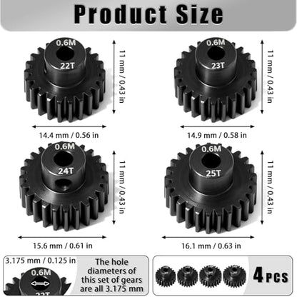 4Pcs 0.6M Hardened Steel Pinion Gear Set 3.175mm 22T 23T 24T 25T Motor Pinion Gear with M4 Screw and Hex Key, Fit 3.175mm (1/8-Inch) Shaft, for Arrma HPI Kyosho Losi Axial Traxxas Tamiya 1/10 RC Car - size: 0.6M-P-3.175mm-22-25T