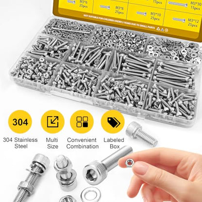 720pcs M3 Screws Assortment kit, Hex Socket Head Cap Bolts, Nuts & Washers Assorted Set M3x6/8/10/12/16/20/25/30 mm, 304 Stainless Steel Hardware Kit for DIY, 3D Printer - size: SS M3 720pcs
