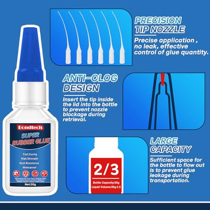 Rubber Glue 30 g, Super Glue for Rubber, Clear Instant Adhesive for Tire, Shoes, Belt, Soles, Hose, Mat & Neoprene Repair and More, Waterproof, Heat-Resistant (Clear, 30 Grams * 1 Pack, Rubber Glue) - size: 30 Grams * 1 Pack