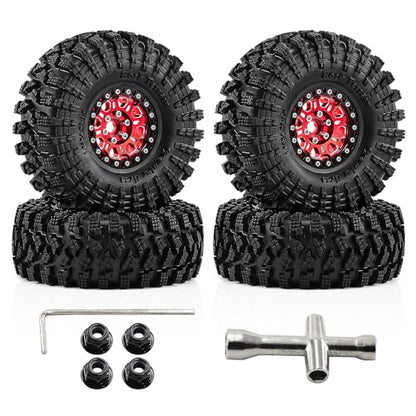 1.9" Beadlock Aluminum Wheels and 120mm Soft Rubber Tires | for SCX10 TRX4 1/10 RC, 12mm Hex, 0mm Offset, with Foam Inserts, RC Crawler Upgrade Parts (Red-2) - color: Red-2