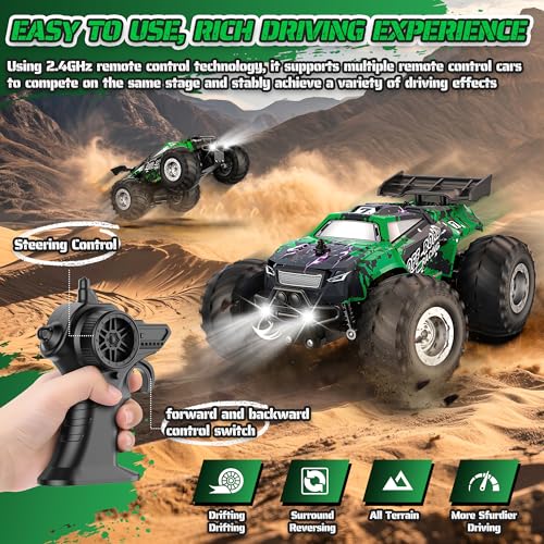All-Terrain Remote Control Car for Boys 8-12 Headlight (Green) | Monster Remote Control Truck Rechargeable, 2 Motors 10KM/H 2.4GHZ Speed-friendly, Sturdy RC Cars for Christmas Beginner Kids - color: Green