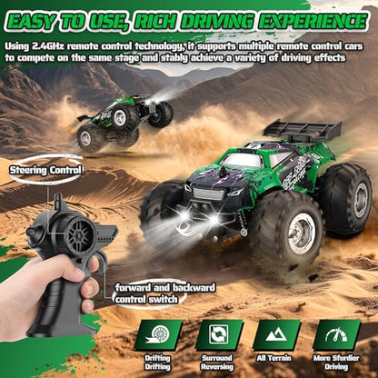 All-Terrain Remote Control Car for Boys 8-12 Headlight (Green) | Monster Remote Control Truck Rechargeable, 2 Motors 10KM/H 2.4GHZ Speed-friendly, Sturdy RC Cars for Christmas Beginner Kids - color: Green