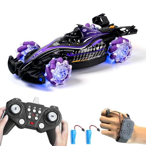 RC Stunt Car, Gesture Sensing Remote Control Car with Sound Lights and Spray, 2.4GHz 4WD 360° Rotating RC Cars with 2 Batteries for Teens (Purple) - color: Purple, size: 2 Batteries