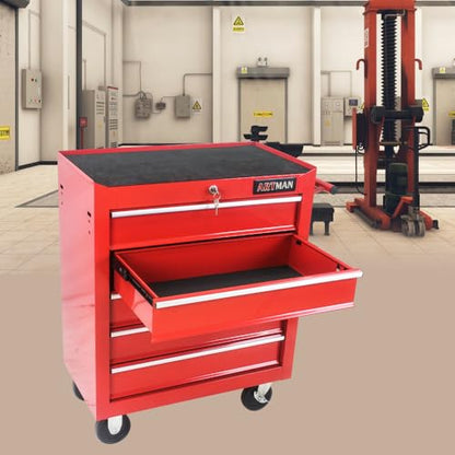 5-Drawer Lockable Tool Chest - Ball-Bearing Slides, 4 Casters (2 with Brakes) & Side Pull Handle, RED