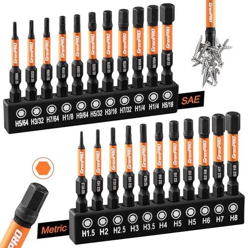 GRENPRO Allen Wrench Drill Bit Set, Metric & SAE, 22-Piece Impact Hex Bits | 2-Inch Magnetic Allen Key Bits with 1/4-Inch Hex Shanks Fit Impact Drivers and Screwdrivers for Automotive and Home Repair - size: 2" 22pcs(Metric&SAE)