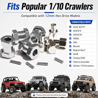 4PCS 12mm Hex Hub 15mm Aluminum Extension Hex for Axial SCX10 D90 90046 | 15mm CNC Wheel Hex Extenders for 1/10 RC Crawlers Redcat Gen7/Gen8 CC01 RC4WD Wider Stance & Tire Clearance with M4 Nuts Pins - color: Sliver