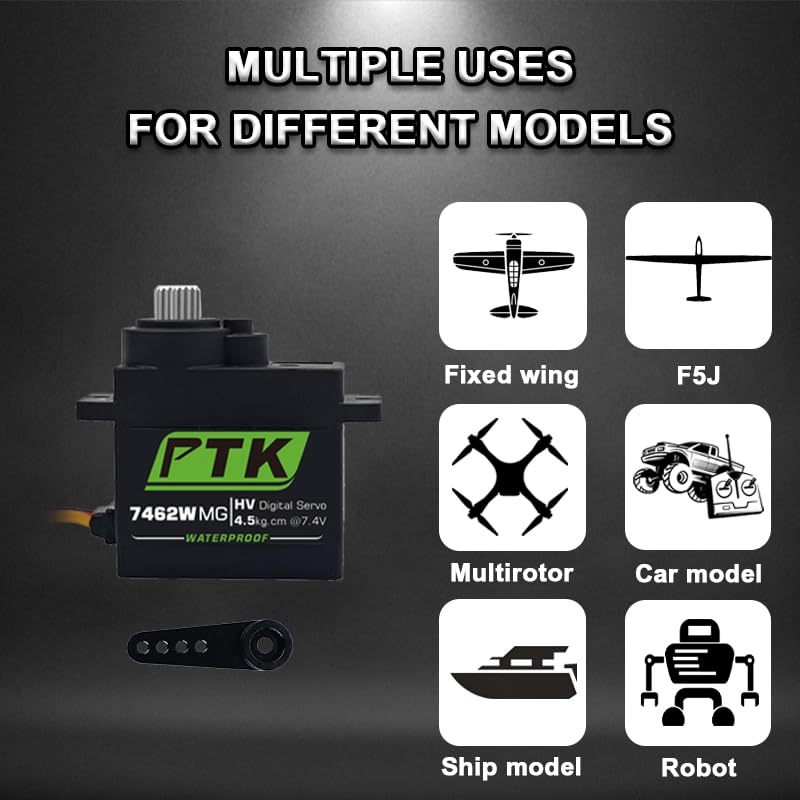 PTK 7462W MG 13g Waterproof Micro Digital Servo Metal Gear Core Motor 4.5kg Torque for SCX24 AX24 1/24 Crawler Cars Robots Fixed Wings Upgrade Parts 180 Degrees (1pcs) - style: PTK 7462W-1pcs