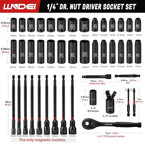 1/4" Drive Socket Set & Nut Driver Set with Ratchet, 44Pcs | 1/4-Inch Sockets Deep&Shallow Metric(4-15mm), 1/4" Hex Shank 6" Long Nut Drivers(6-14mm) for Impact Drill Bits(PH1 PH2) - size: 44PCS Metric