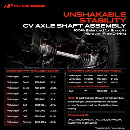 A-Premium Front Right Passenger Side CV Axle Shaft Assembly | Compatible with Audi TT 2000-2002 & Volkswagen Beetle 1998-2005, Golf 1999-2006, Jetta 1999-2005, Replace# 1J0407272AL - style: Front Passenger Side