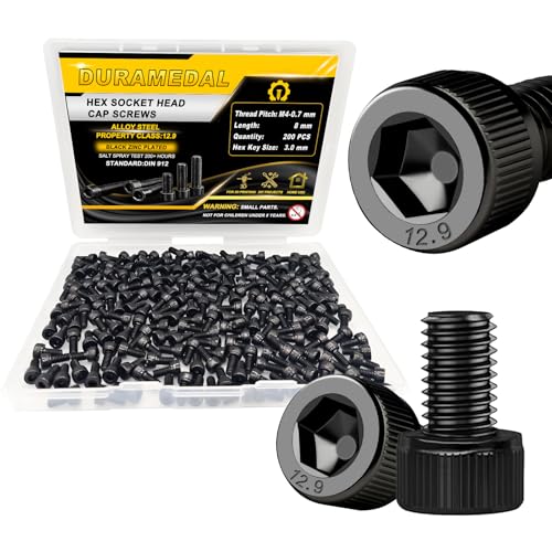 M4 x 8mm Screws 200pcs, Hex Socket Head Cap Screws Bolts,M4 x 8 Bolts 12.9 Grade Alloy Steel, Black Zinc Plated, Allen Socket Drive, Fully Threads, Machine Screws - size: M4*8mm 200pcs