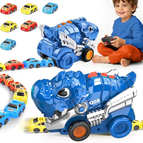 Intoypad RC Dinosaur Eating Car Toys for Kids, 2.4GHz Dino Remote Control Car Toy with 6 Magnetic Cars & Music Dino Truck Birthday Gifts Toys for 3 4 5 6 7 8 9 10 11 12 Year Old Boys Girls (Blue) - color: Blue