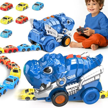 Intoypad RC Dinosaur Eating Car Toys for Kids, 2.4GHz Dino Remote Control Car Toy with 6 Magnetic Cars & Music Dino Truck Birthday Gifts Toys for 3 4 5 6 7 8 9 10 11 12 Year Old Boys Girls (Blue) - color: Blue