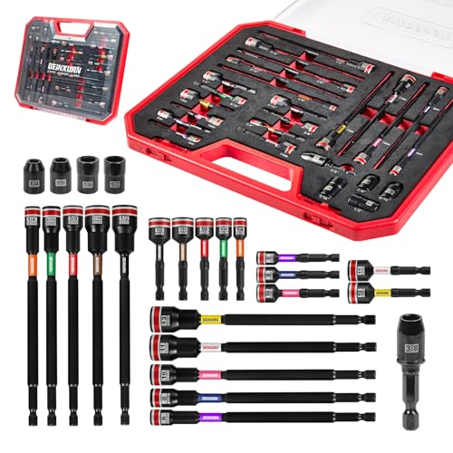25Pieces Magnetic Nut Driver Set for Impact Drill, Metric and SAE Sizes with Plastic Tool Box Storage, Built for Professional & DIY Projects - style: GFY025EV-RD
