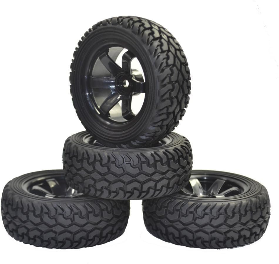 4PCS 75mm Rubber Tires and 6Spokes Plastic Wheel Rims Tyre for 1/10 RC On-Road Drift Racing Car 1:14 1:16 Rally Car for Tamiya Kyosho HPI HSP TT02 Upgrades Parts (Black) - color: Black