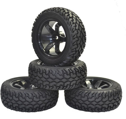 4PCS 75mm Rubber Tires and 6Spokes Plastic Wheel Rims Tyre for 1/10 RC On-Road Drift Racing Car 1:14 1:16 Rally Car for Tamiya Kyosho HPI HSP TT02 Upgrades Parts (Black) - color: Black