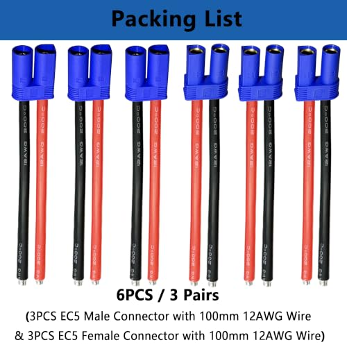 EC5 Connector with 12AWG 100mm Silicone Wire Cable 6PCS | Ready-to-use Upgraded EC5 Fale Female 5mm Bullet Cable, Compatible with RC Lipo Battery, FPV Drone, RC Car, Boat and ESC