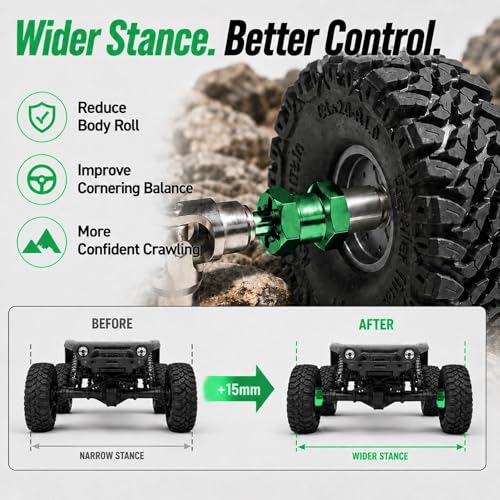 4PCS 12mm Hex Hub 15mm Aluminum Extension Hex for Axial SCX10 D90 90046 | 15mm CNC Wheel Hex Extenders for 1/10 RC Crawlers Redcat Gen7/Gen8 CC01 RC4WD Wider Stance & Tire Clearance with M4 Nuts Pins - color: Green