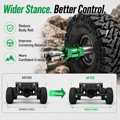 4PCS 12mm Hex Hub 15mm Aluminum Extension Hex for Axial SCX10 D90 90046 | 15mm CNC Wheel Hex Extenders for 1/10 RC Crawlers Redcat Gen7/Gen8 CC01 RC4WD Wider Stance & Tire Clearance with M4 Nuts Pins - color: Green