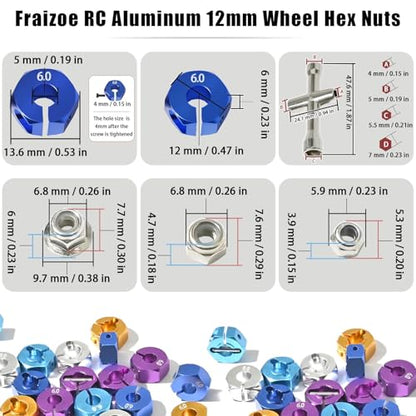 Aluminum 12mm Hex Wheel Hub 4Pcs w/Axle Pin M4 Flange Lock Nut Standard M3 M4 Nut 6mm Thickness Wheel Drive Adapter for 1/10 Traxxas HSP Redcat Rc4wd Tamiya Axial SCX10 WLtoy RC Car(25Pcs) - color: Blue, size: 6.0
