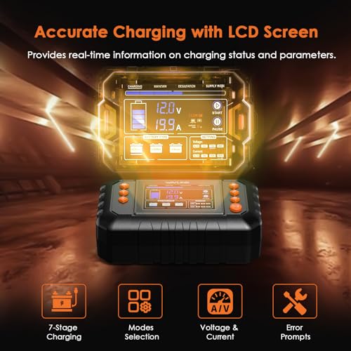 WAVLINK 280W Smart Battery Charger, 20A 6V/12V/24V Car Battery Charger | LCD Display Trickle Charger; Compatible with Lead-Acid/Lithium/LiFePO4; Battery Maintainer & Desulfurizer for Cars, Boats - color: 20-amp