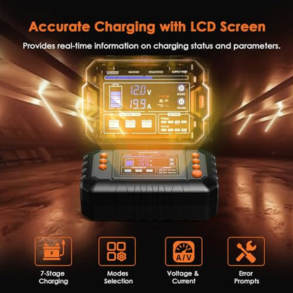 WAVLINK 280W Smart Battery Charger, 20A 6V/12V/24V Car Battery Charger | LCD Display Trickle Charger; Compatible with Lead-Acid/Lithium/LiFePO4; Battery Maintainer & Desulfurizer for Cars, Boats - color: 20-amp