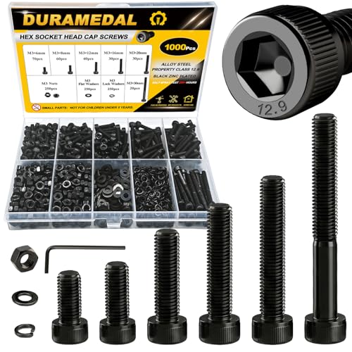 M3 Screws 1000Pcs Socket Head Cap Screw Assortment Kit for 3D Printing DIY | M3x6/8/12/16/20/30mm Hex Bolts with Nuts & Washers, 12.9 Grade Alloy Steel Black Zinc - size: M3 Kit 1000pcs / 6 Sizes