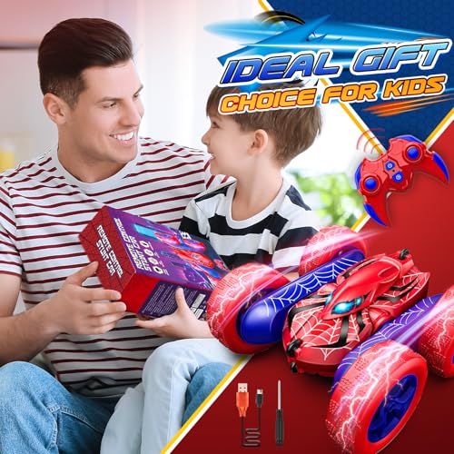Excitobo Remote Control Car,Double Sided 360° Rotating 4WD RC Cars Toys for 3-12 Year Old Boys 2.4GHz Electric Rechargeable Race Stunt Birthday Halloween Christmas Easter Toys for Boys 4-6 3-4 - color: Red & Blue
