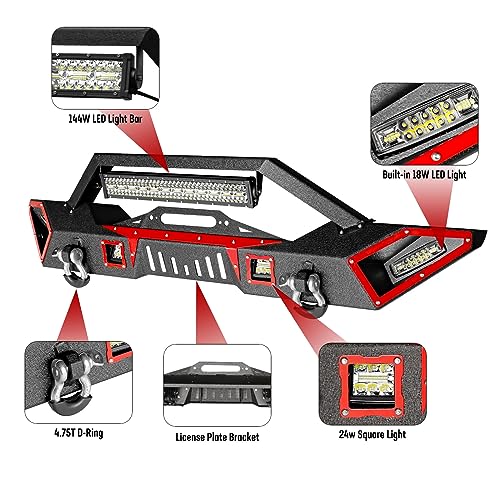 Steel JK Front Bumper with Winch plate is Applicable to 2007-2026 Wrangler JK/JL&2020-2021-2026 Gladiator JT, Black Textured Bumper with LED Light Bar & D-Rings - size: 2007-2026 JK/JL/JT Front Bumper with LED Lights