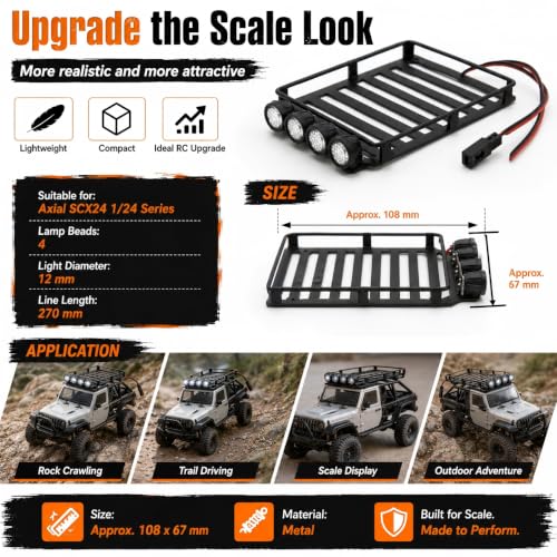 RC Metal Roof Rack Luggage Carrier for Axial SCX24 1/24 RC crawle rwith Four White LED Lights 4.3 x 2.6in for Enthusiasts Scale Model Hobbyists - size: Round Lamp