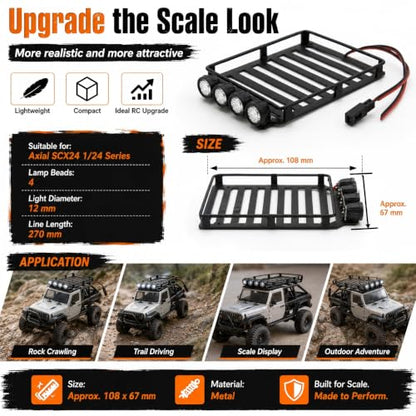RC Metal Roof Rack Luggage Carrier for Axial SCX24 1/24 RC crawle rwith Four White LED Lights 4.3 x 2.6in for Enthusiasts Scale Model Hobbyists - size: Round Lamp