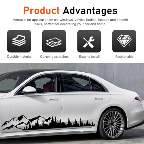 2 PCSCar Mountain Tree Forest Decals, 39.4" x 6.7" Mountain Tree Graphic Stickers, Waterproof Car Body Side Door Truck Tailgate Exterior Decoration, Universal for Cars SUVs Off-Roads (Black)