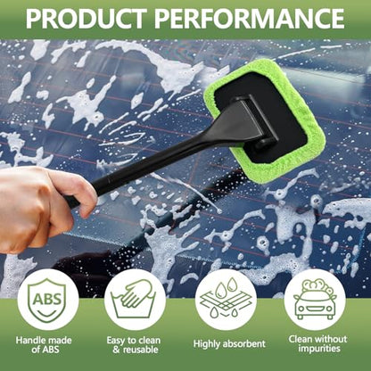 Car Windshield Cleaning Tool, Car Windshield Window Cleaner Set with Detachable Handle & 2 Reusable Microfiber Pads & Spray Bottle, Universal Auto Window Glass Cleaning Kit (Green) - color: Green