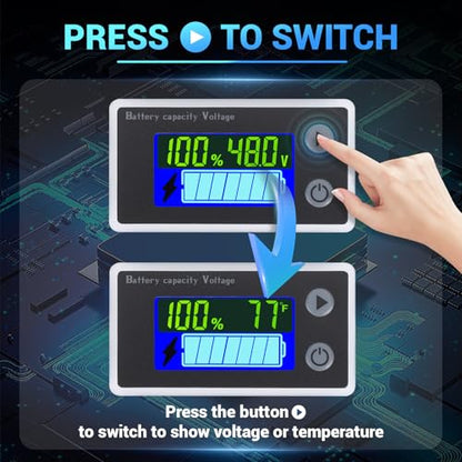 DROK 48v Golf Cart Battery Meter, 10-100v Digital Volt Meter Battery Capacity Tester Temperature Gauge, Black, 60cm Cable - color: Black, size: 48V/60cm Wire