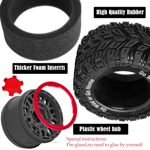 RC Truck Tires Wheel for 1/10 Big Rock Granite Vortek 3s / Stampede Rustler RC Car,4-Pack RC Wheels Tires,Black-Red - color: Black-red- (Rc Tires Wheel)