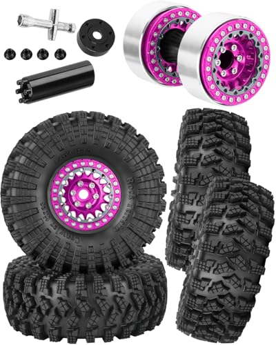 RC 1.9" Beadlock Wheels and Tires for 1/10 RC Crawler SCX10 90046 AX103007 TRX4 TRX6 VS4-10 Red cat Gen8 7 MST CFX RC 4WD D90,Dually 1.9 Beadlock Wheels Aluminum Rims Rubber Tires,Pink - color: Pink(4pcs)