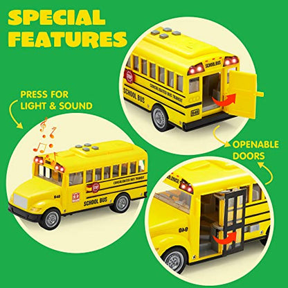 JOYIN 4 Pcs 7" Long Vehicle Toy Set, Toddlers Cars with Lights and Siren Sound, Including Play Police Car, School Bus, Garbage Truck, Ambulance, Birthday Party Gifts Toys for Boys 3-5