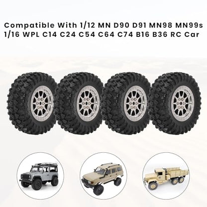 RC Tires & Wheels Set, 70x25mm Soft Rubber Tires with Foam Inserts, 5mm HexPlastic Beadlock Rims for 1/12 MN D90/D91/MN98/MN99S & 1/16 WPL C14/C24/C54/C64/C74/B16/B36 (A；Silver) - color: A；Silver