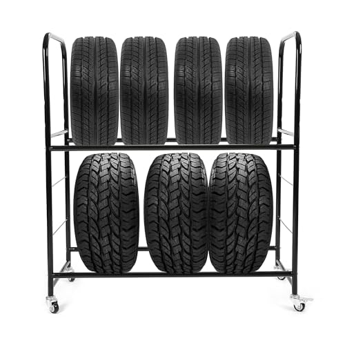 KUAFU 45''H X 20''D X 46''W Tire Storage Rack Garage Shelving Steel Rolling | Tire Stand with Wheels & Protective Cover 8 Tires Capacity Adjustable Height