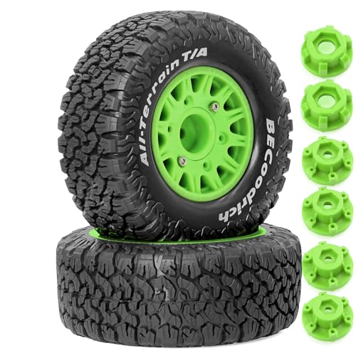 1/10 1/8 RC Short Course Truck Tires OD 113mm and Wheels 12mm 14mm 17mm Hex for 1:8 1:10 Scale Off Road Truck Car Traxxas Slash 2WD 4×4 Axial Losi Redcat Rc4wd Arrma Senton 4PCS (Green) - color: Green
